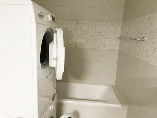 Badezimmer mit Waschmaschine neben der Wanne