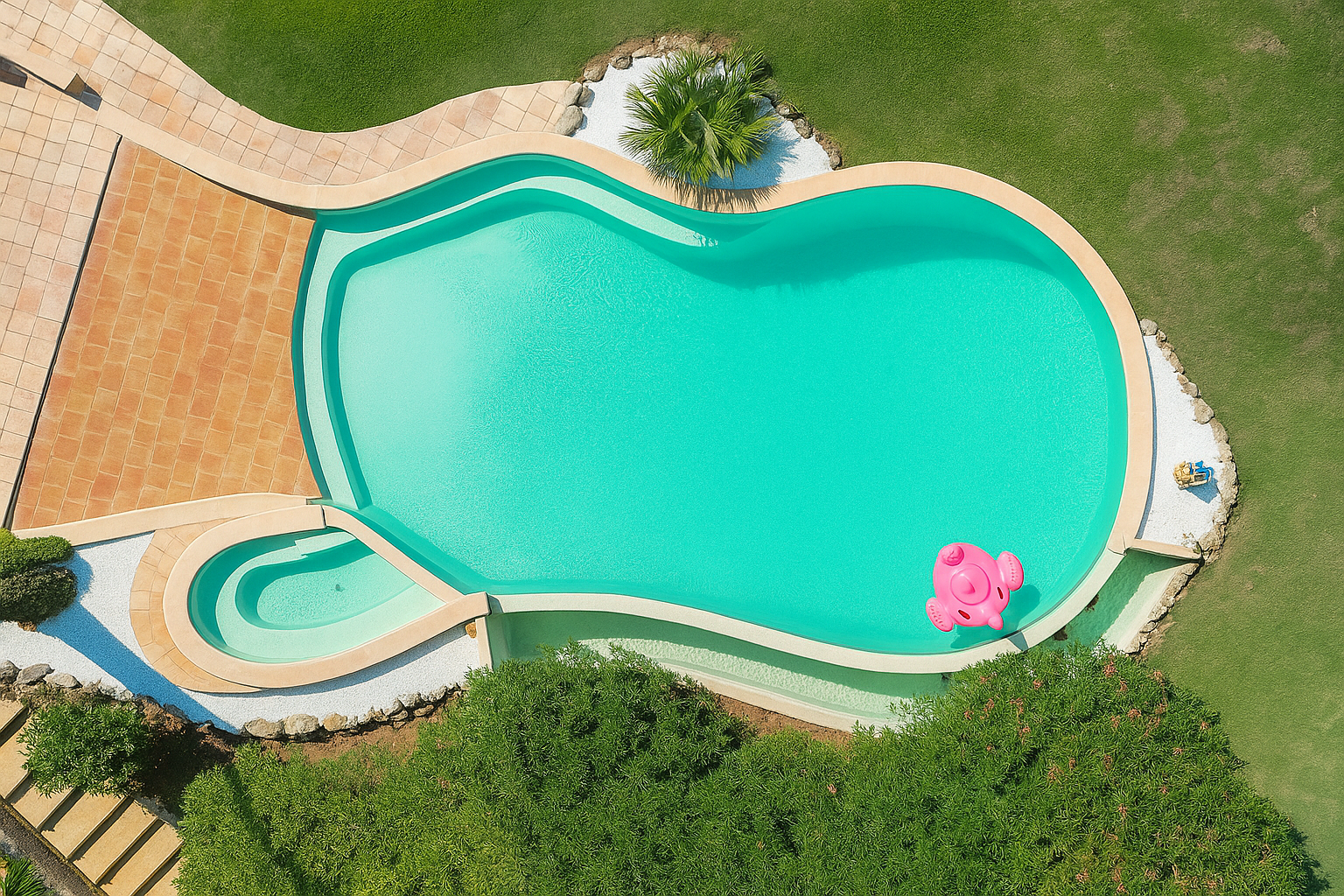 Auffälliger Pool mit geschwungener Form im Garten