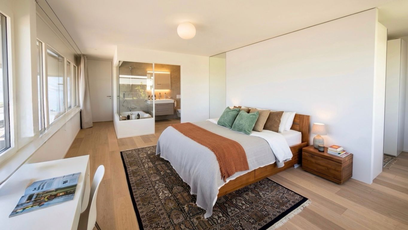 Modernes Schlafzimmer mit integrierter Badzone