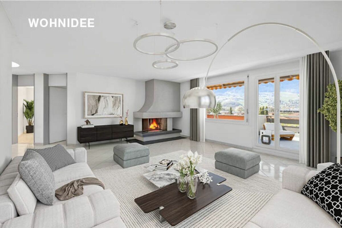 Modernes Wohnzimmer mit Kamin und Bergblick