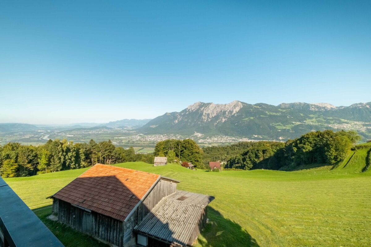 Berglandschaft mit Wiese und Scheunen