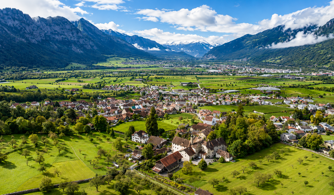 Alpen-Tal mit Ortschaft und Bergpanorama