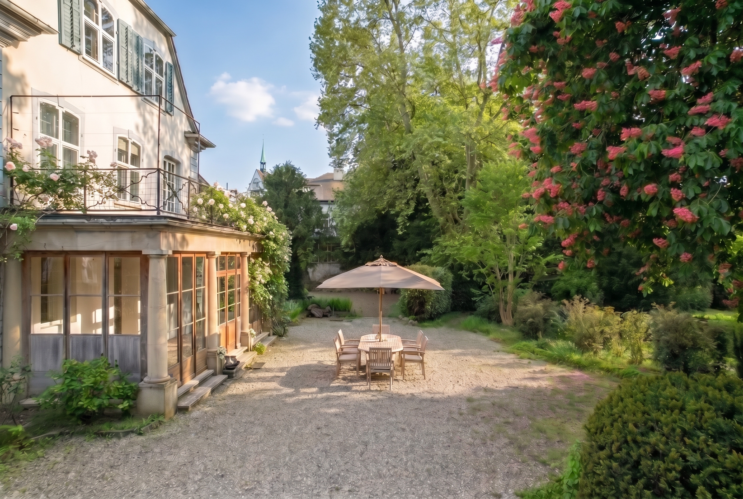 Gartenansicht mit Villa und Sitzgruppe