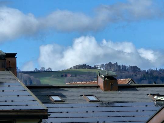Dachlandschaft mit Fernblick ins Grüne