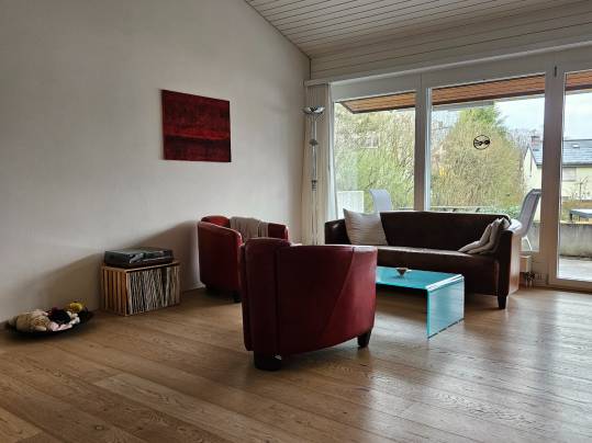 Heller Wohnraum mit großen Fensterfronten