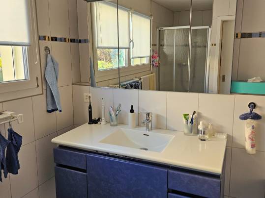 Modernes Badezimmer mit Waschbecken und Spiegelwand