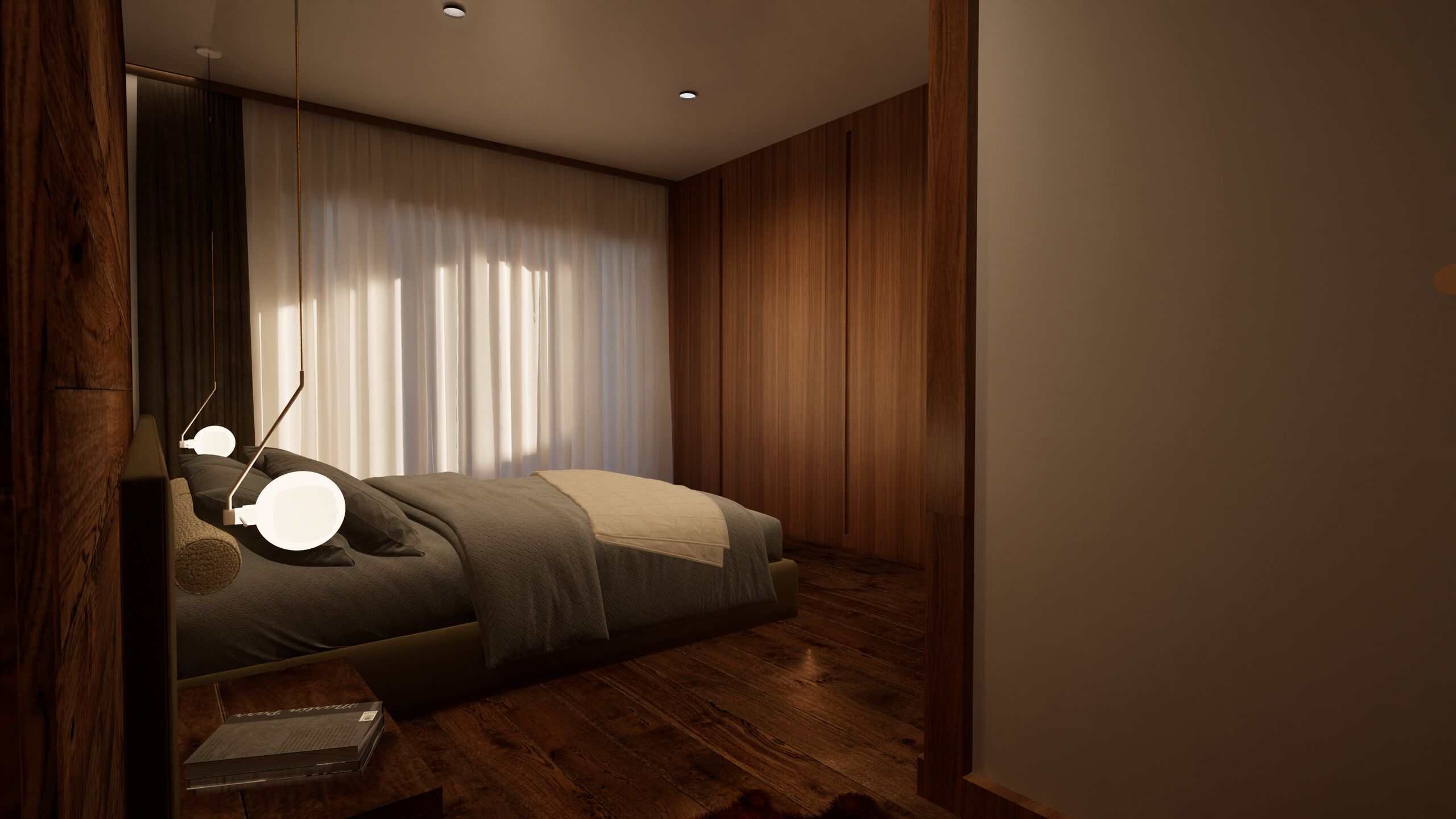 Modernes Schlafzimmer mit warmen Holzoberflächen