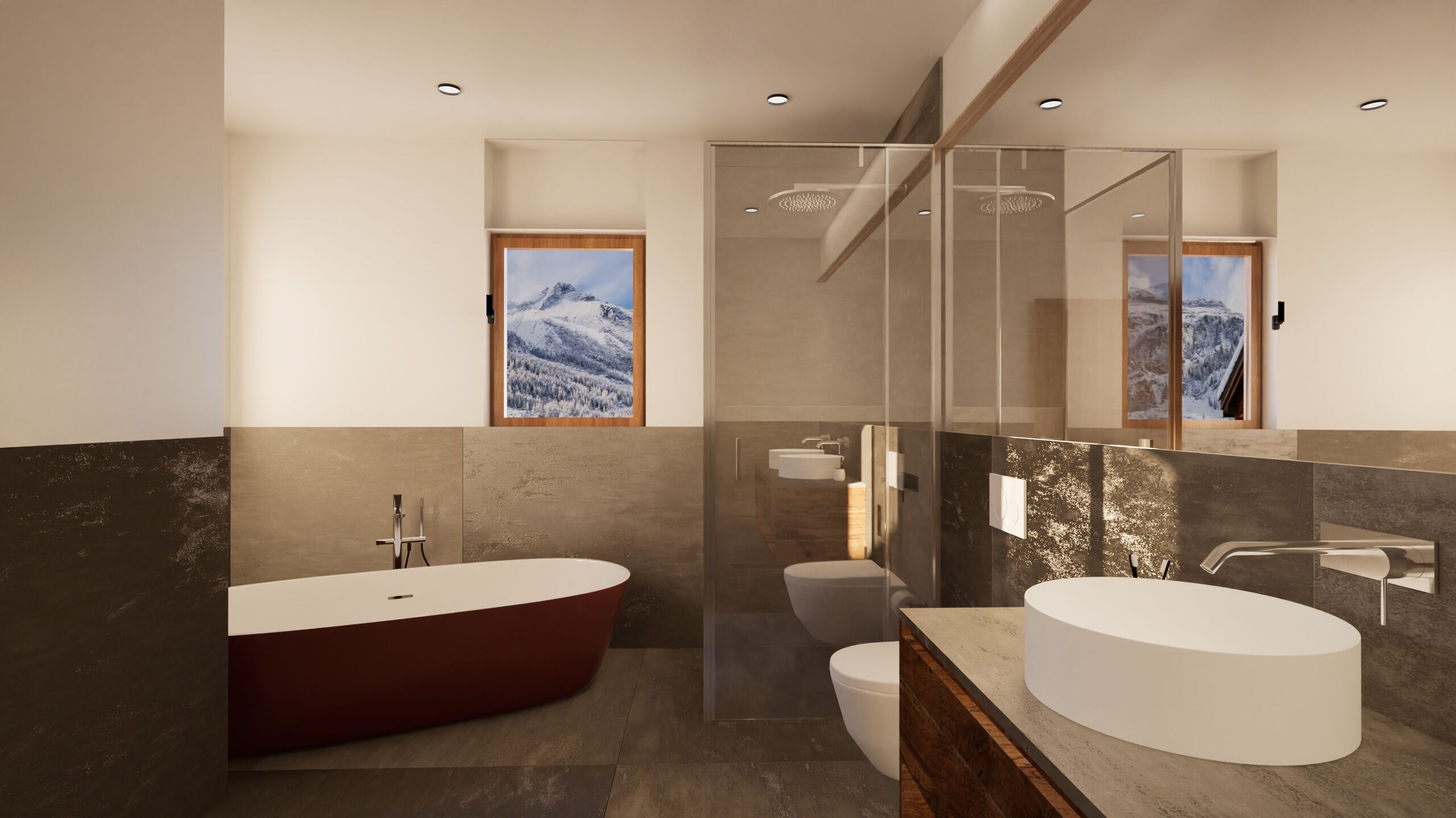 Modernes Bad mit freistehender Wanne und Doppelwaschtisch