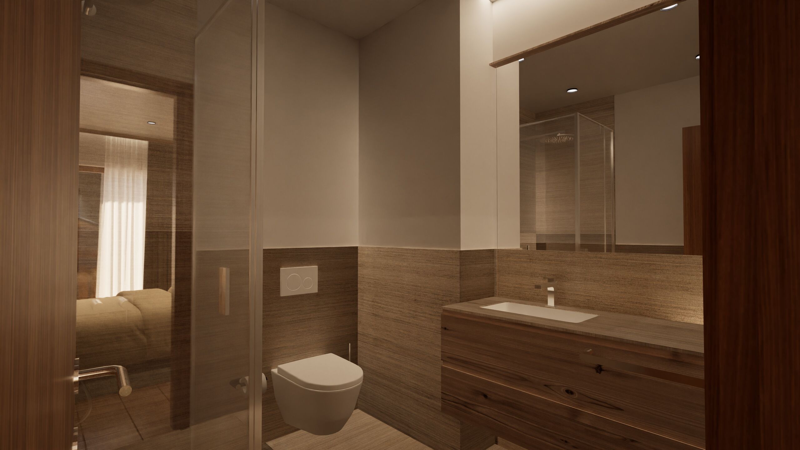 Modernes, warm gestaltetes Badezimmer mit WC und Waschtisch