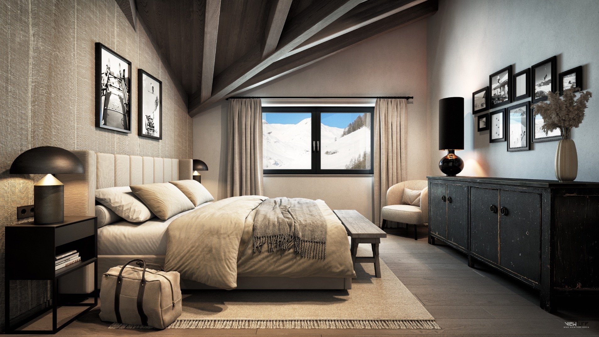 Gemütliches Schlafzimmer im Chalet-Stil mit Bergblick