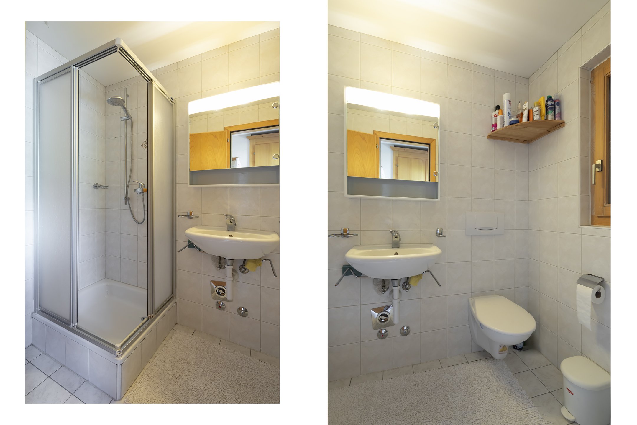 Kleines Badezimmer mit Dusche, Waschtisch und WC