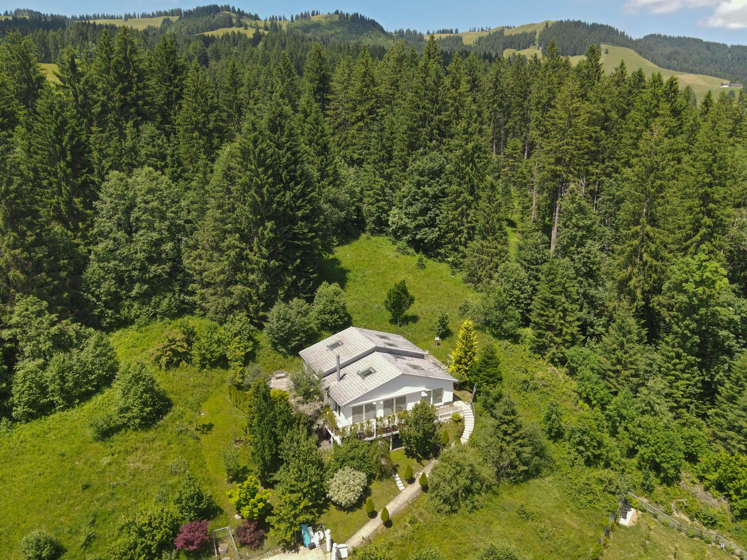 Luftaufnahme eines Hauses im Grünen