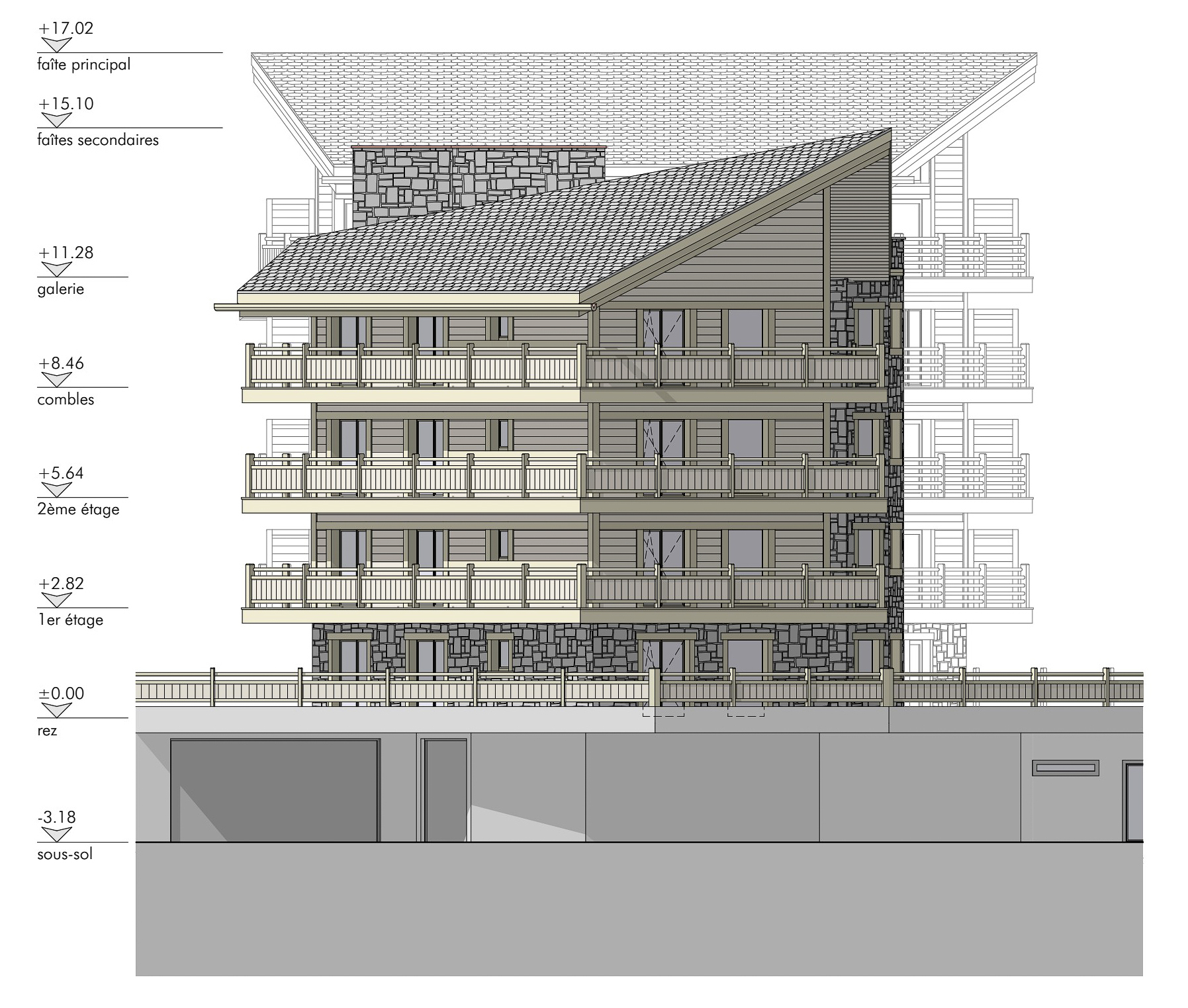 Architekturgezeichnete Gebäudeansicht mit mehreren Geschossen