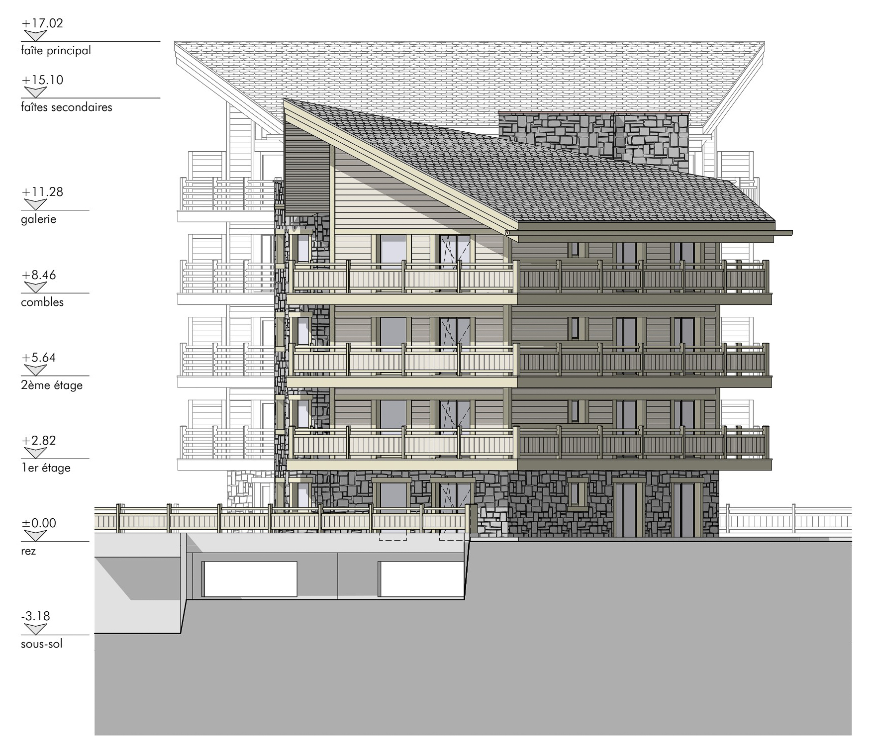 Architektur-Ansicht eines Mehrfamilienhauses in Hanglage