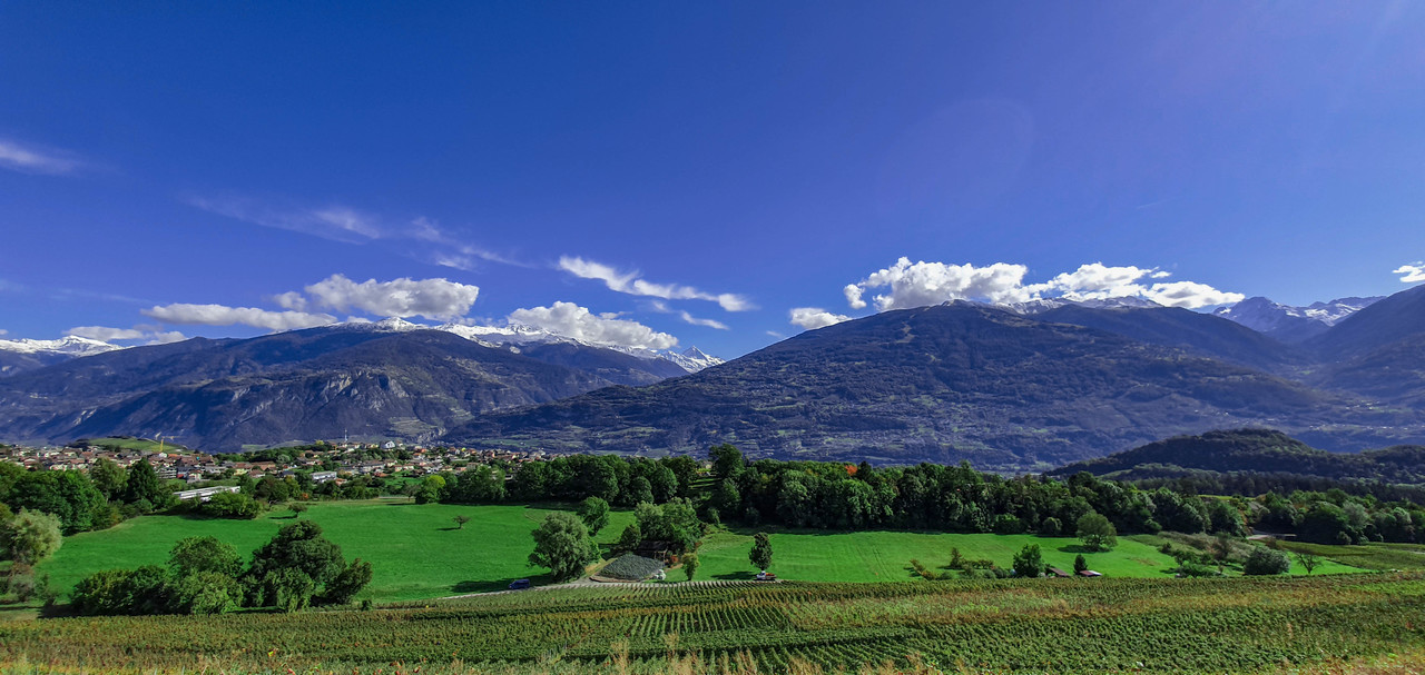 Bergpanorama über grüne Wiesen