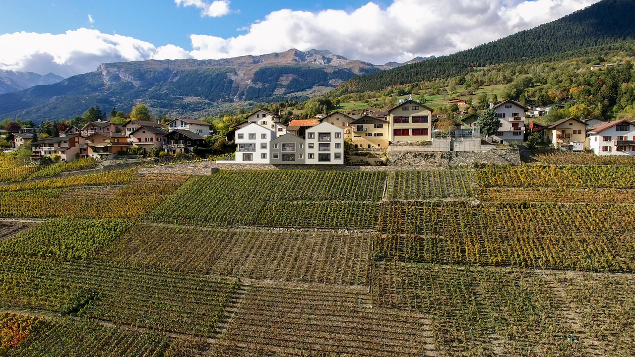 Alpines Dorf über Weinbergen