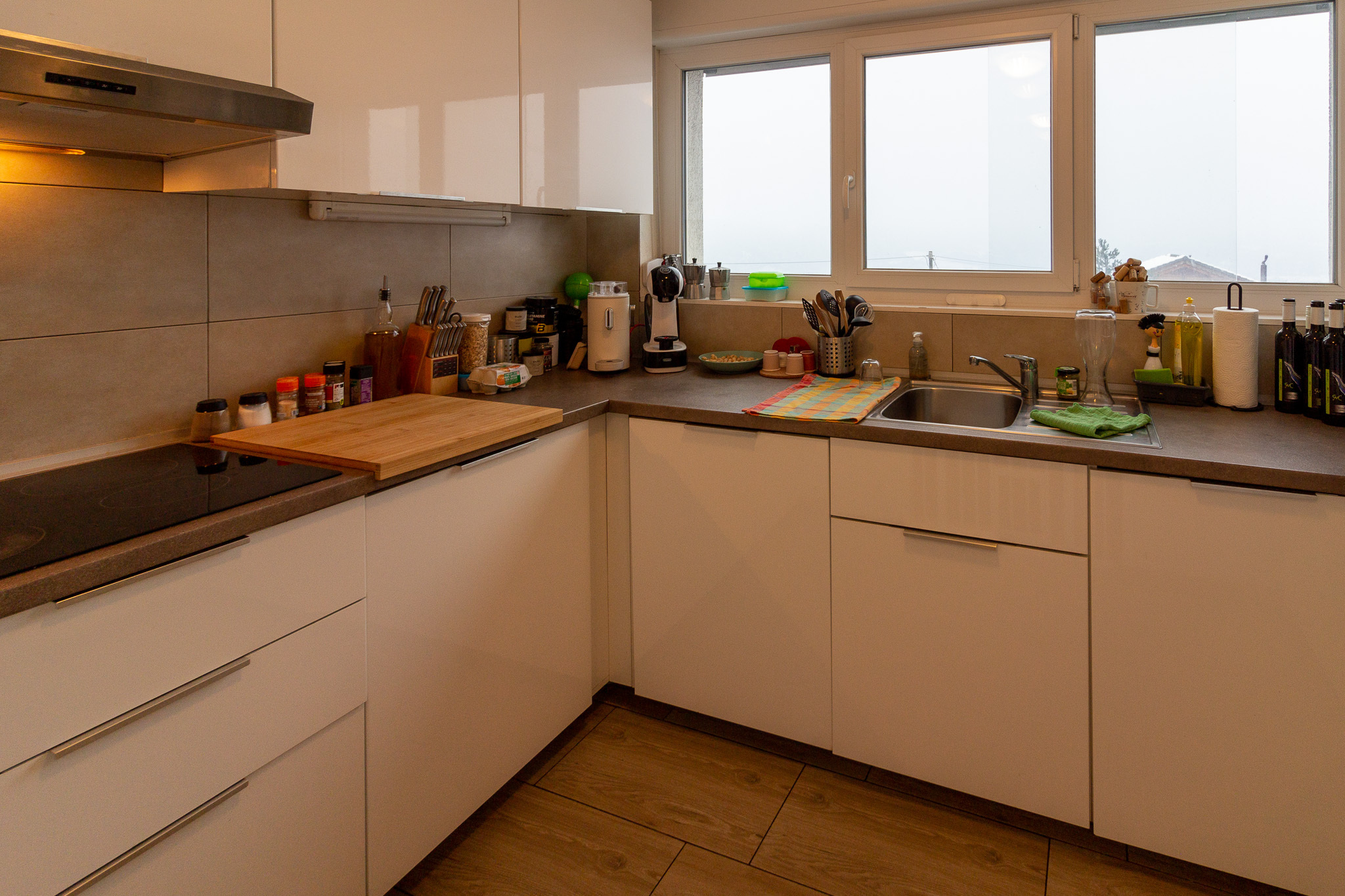 Moderne Einbauküche mit Fensterfront