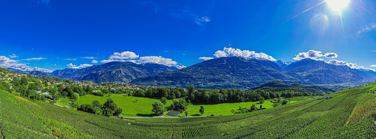 Panoramablick über ein Tal mit Bergen und Feldern