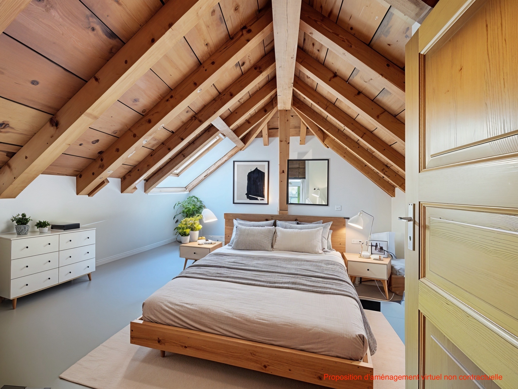 Dachgeschoss-Schlafzimmer mit sichtbaren Holzbalken