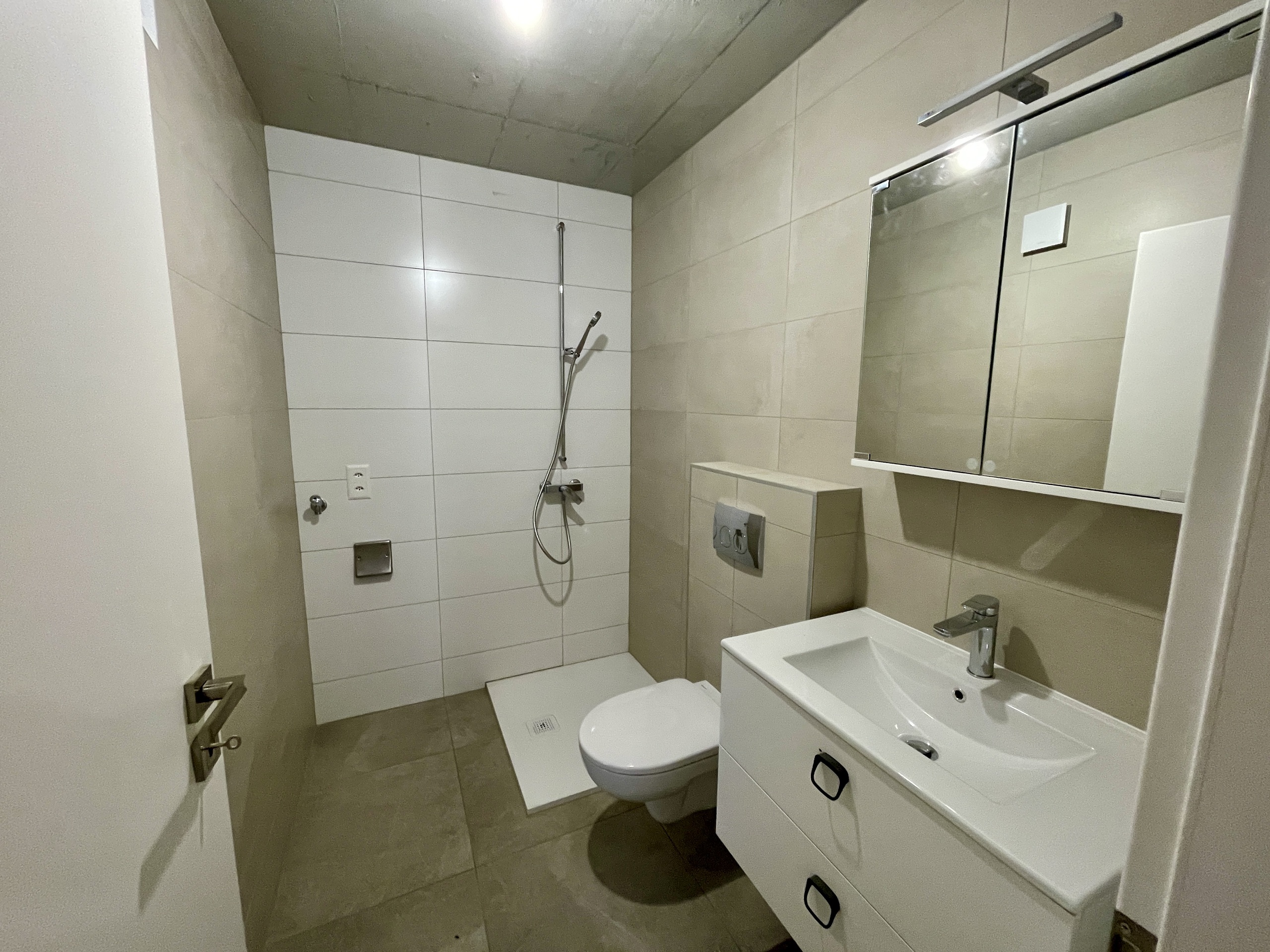 Modernes Badezimmer mit bodengleicher Dusche und Waschtisch