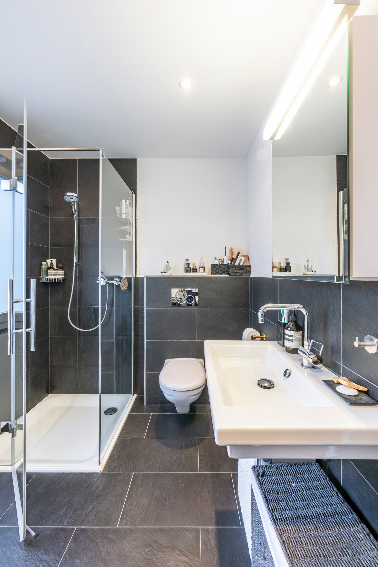 Modernes Badezimmer mit Dusche und Waschtisch