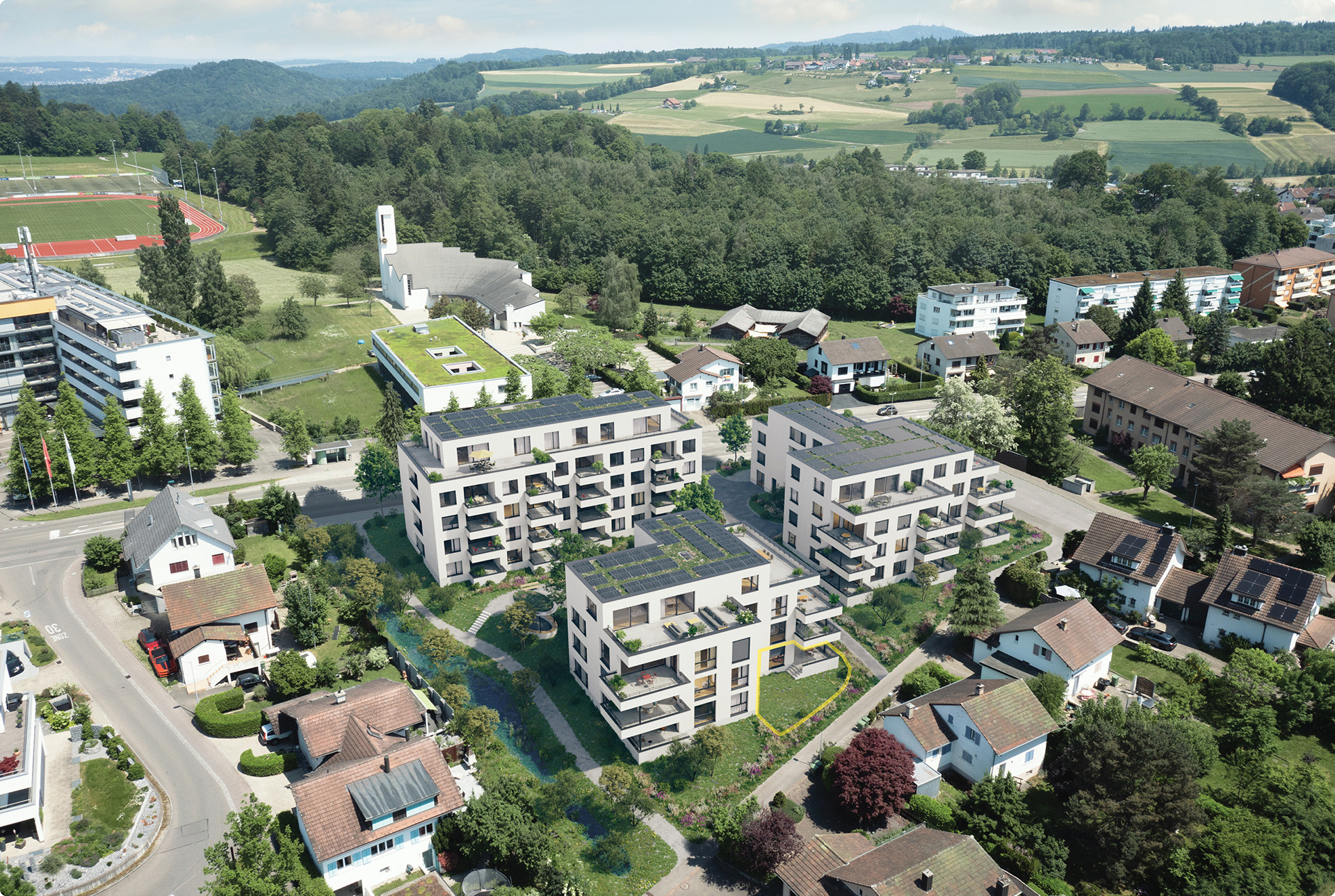 Luftaufnahme eines modernen Wohnquartiers
