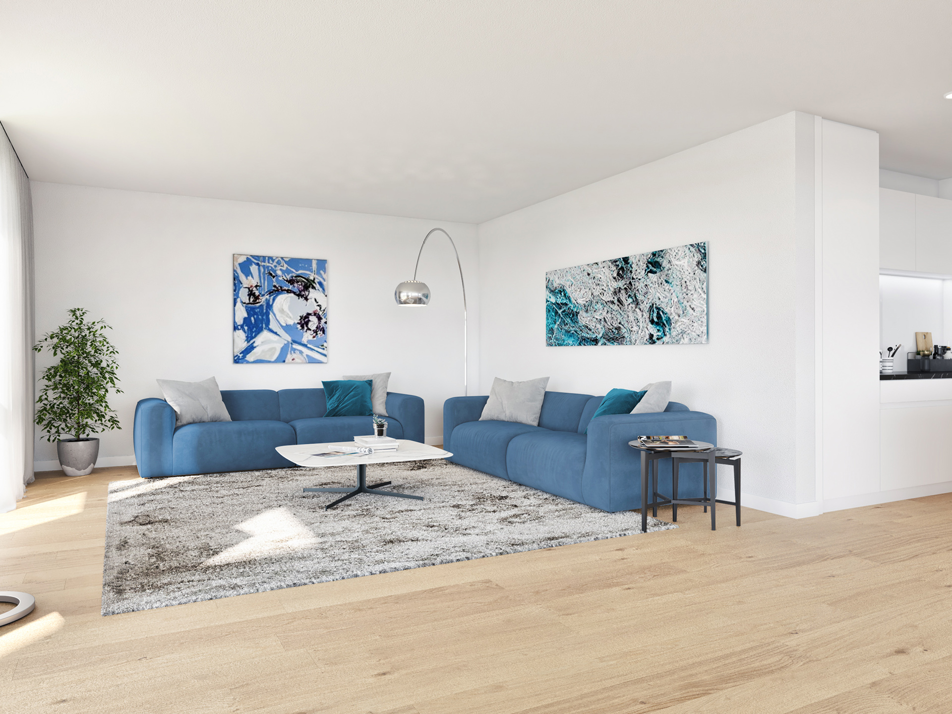 Modernes Wohnzimmer mit blauen Sofas