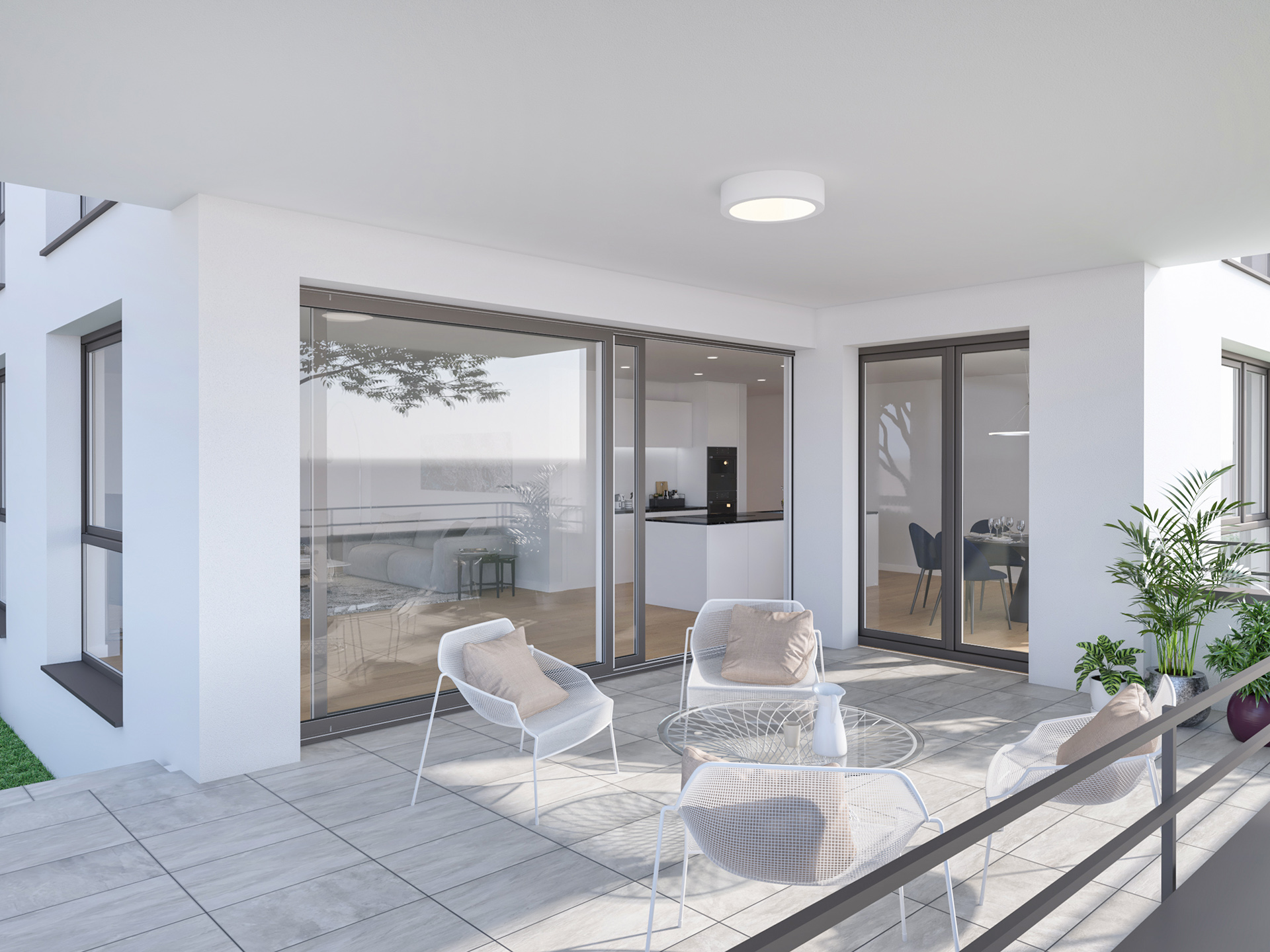 Moderne Terrasse mit Lounge-Möbeln