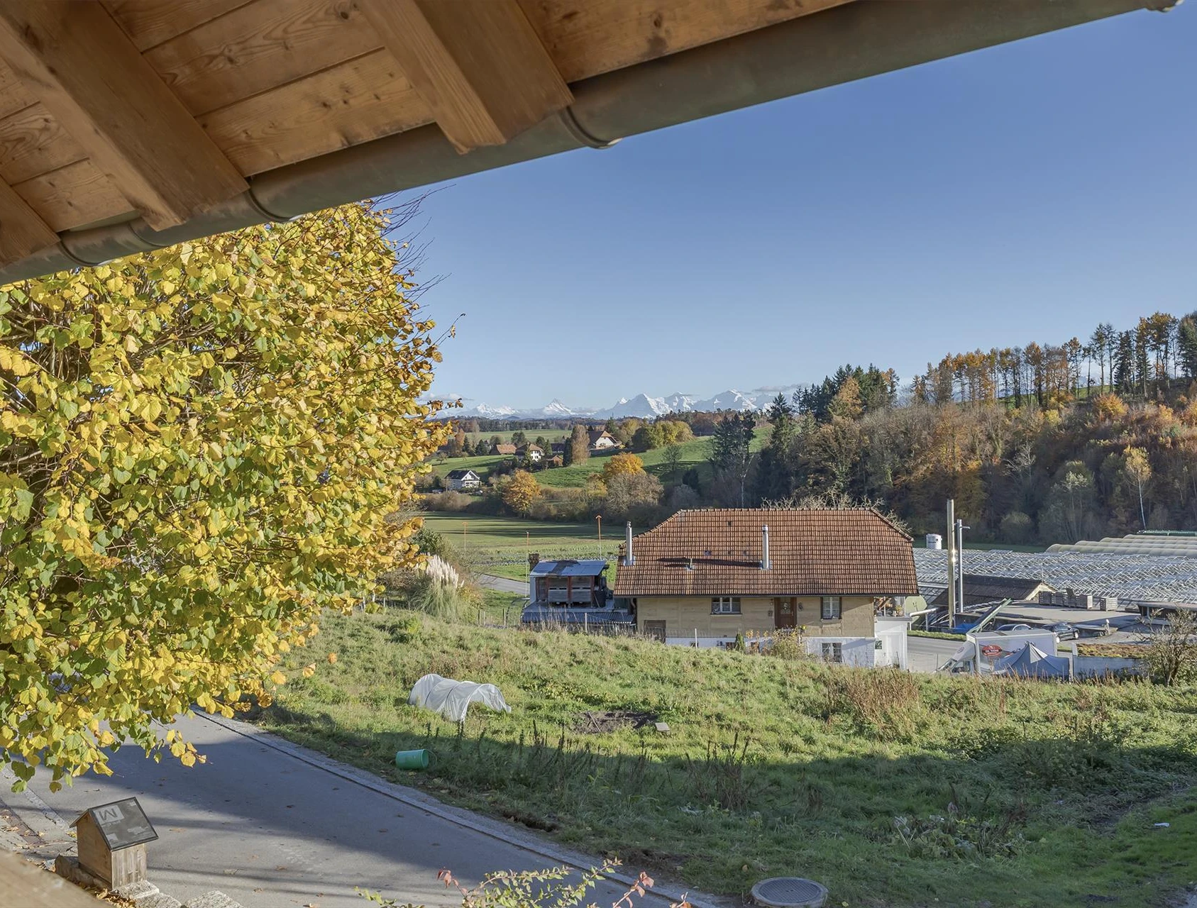 Ländlicher Ausblick mit Bergpanorama