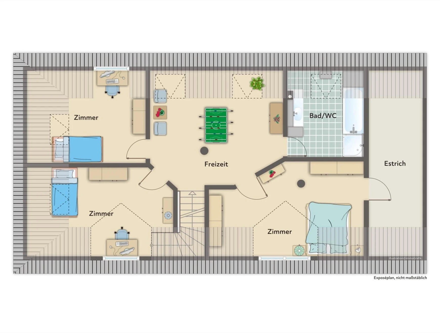 Dachgeschoss-Floorplan mit mehreren Zimmern und Bad/WC