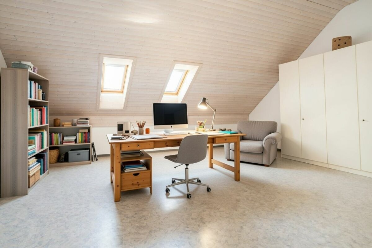 Helles Dachzimmer mit Arbeitsbereich