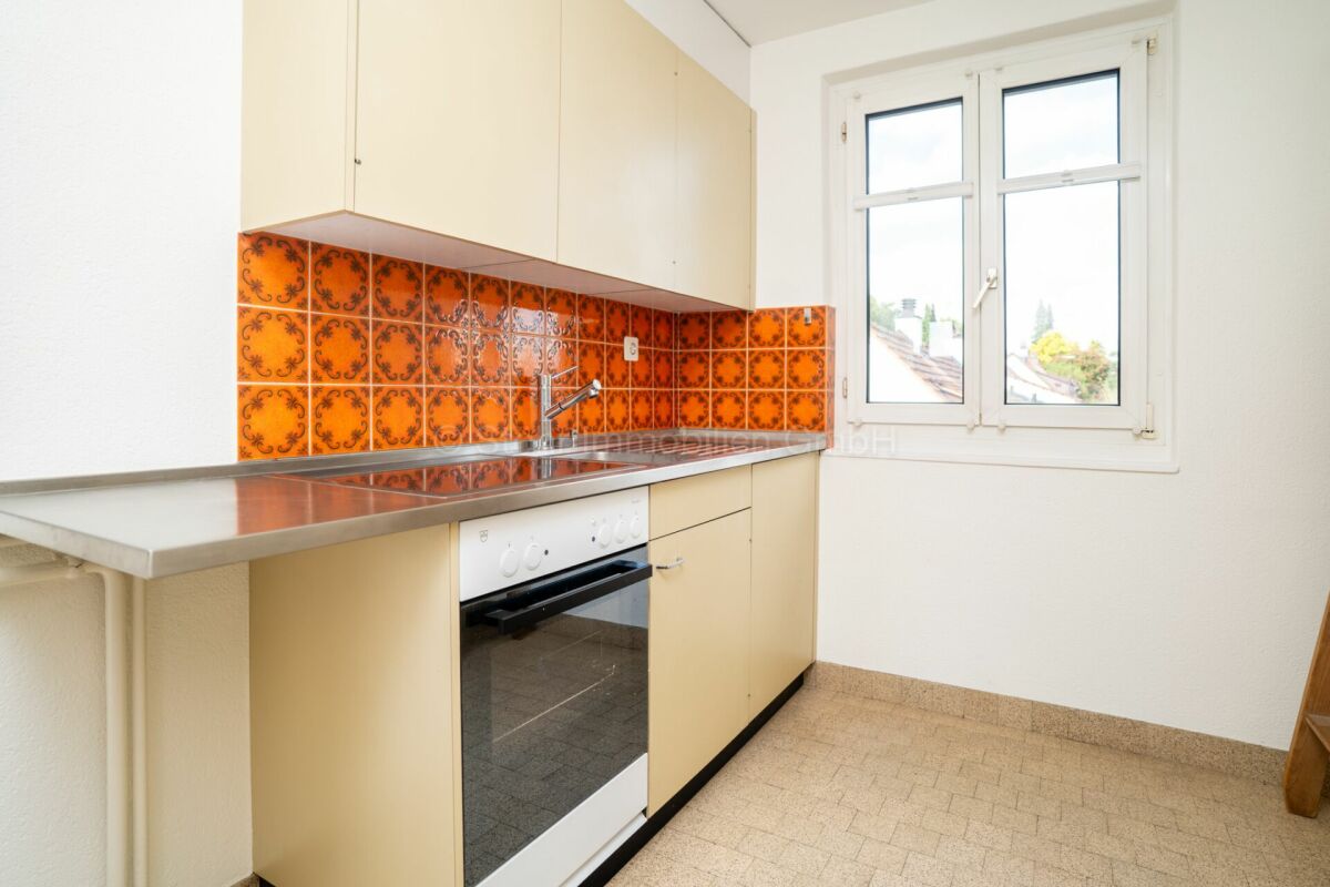 Kleine Küche mit Fenster und Retro-Fliesen