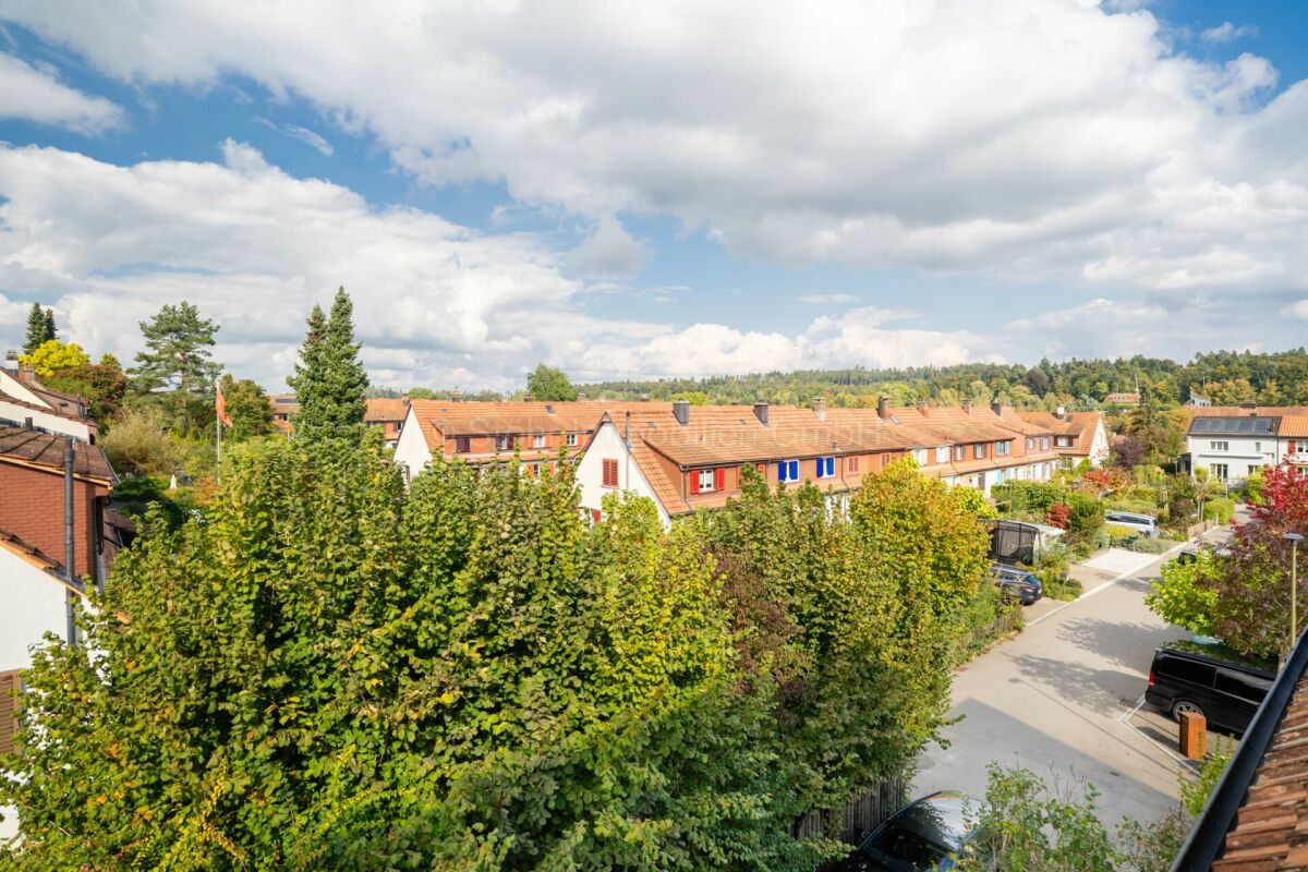 Wohnblick über Siedlung und Grünflächen