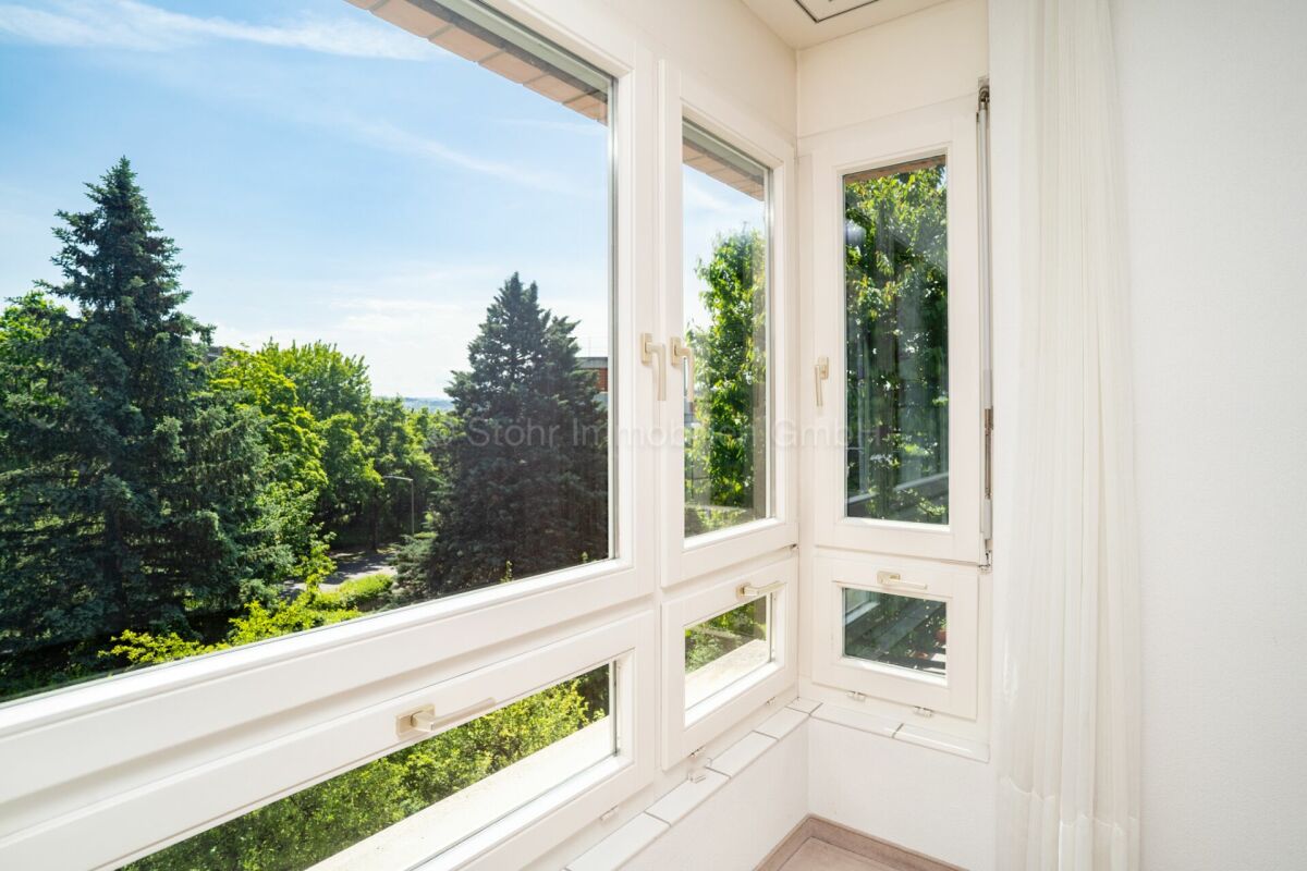 Heller Raum mit großen weißen Fenstern und grünem Ausblick