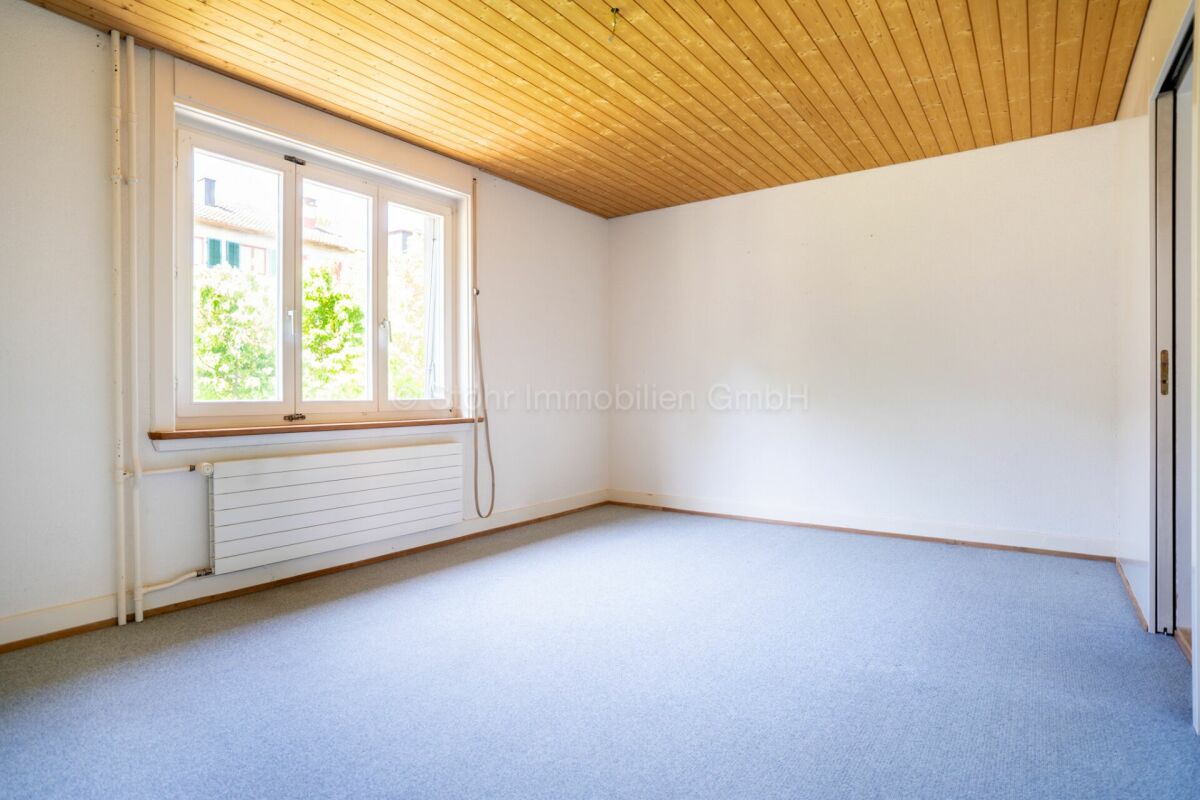Leerer heller Raum mit Holzdecke und Teppichboden