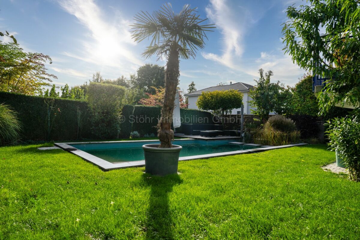Garten mit Pool und Palmen