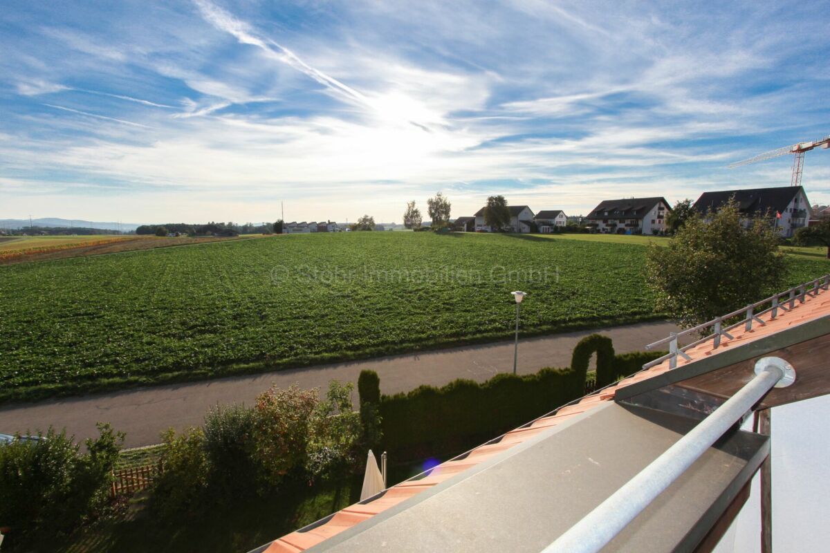 Blick vom Balkon über grüne Felder