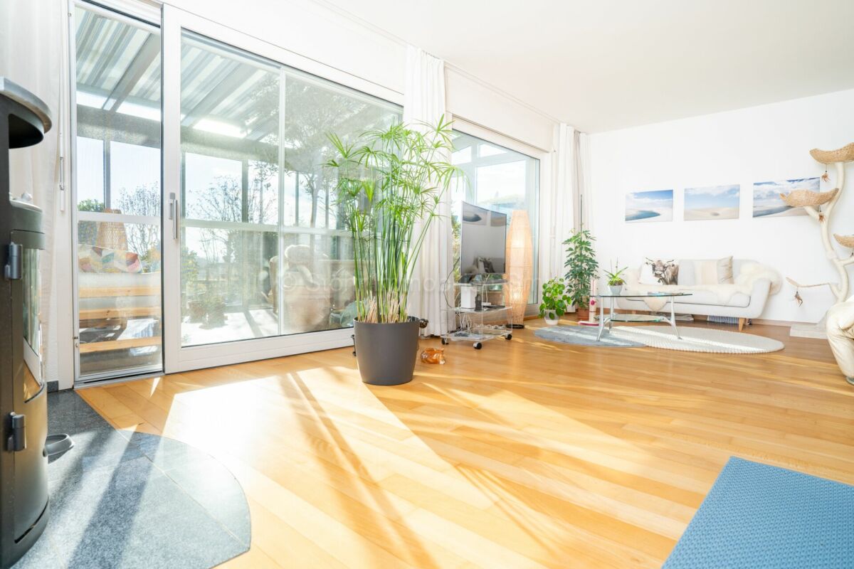 Heller Wohnraum mit großer Glasfront und Pflanzen