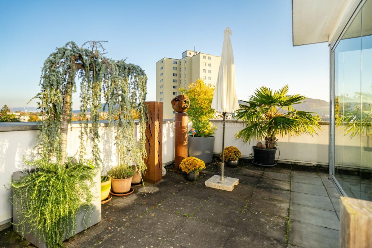 Dachterrasse mit Pflanzen und Stadtblick