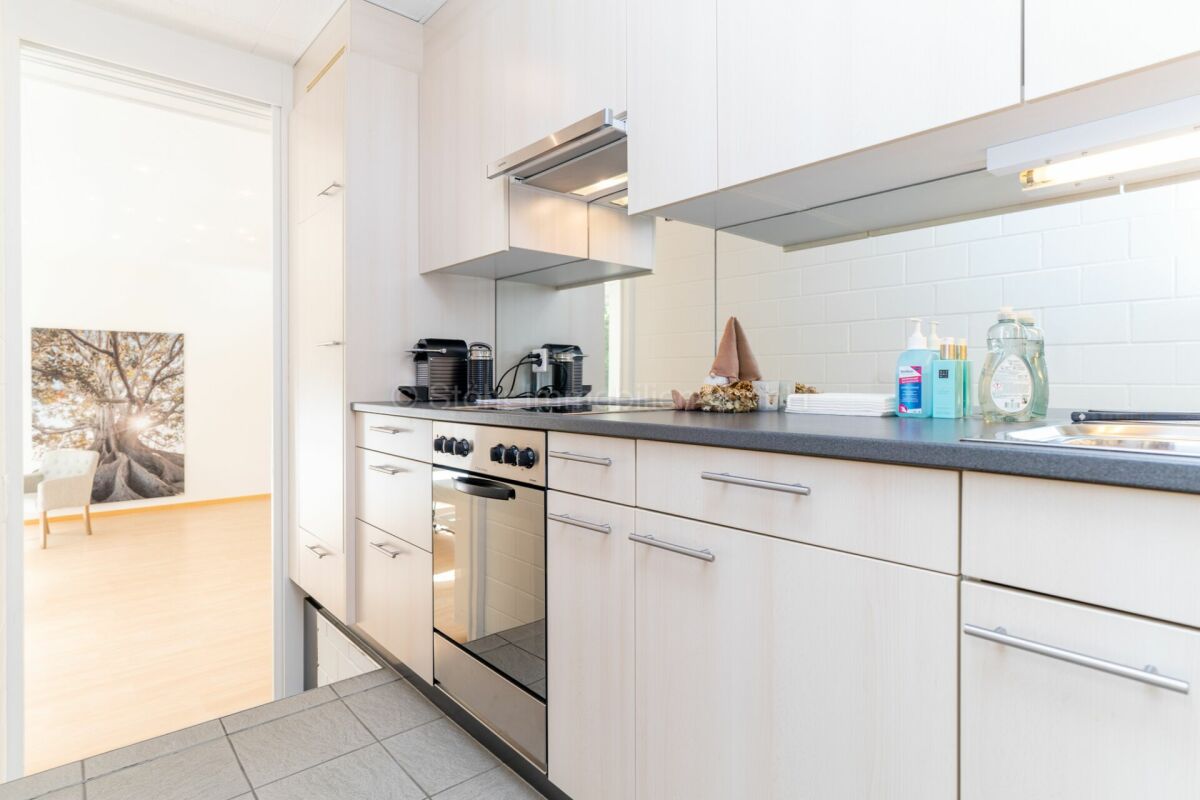 Moderne helle Küche mit Durchgang zum Wohnraum