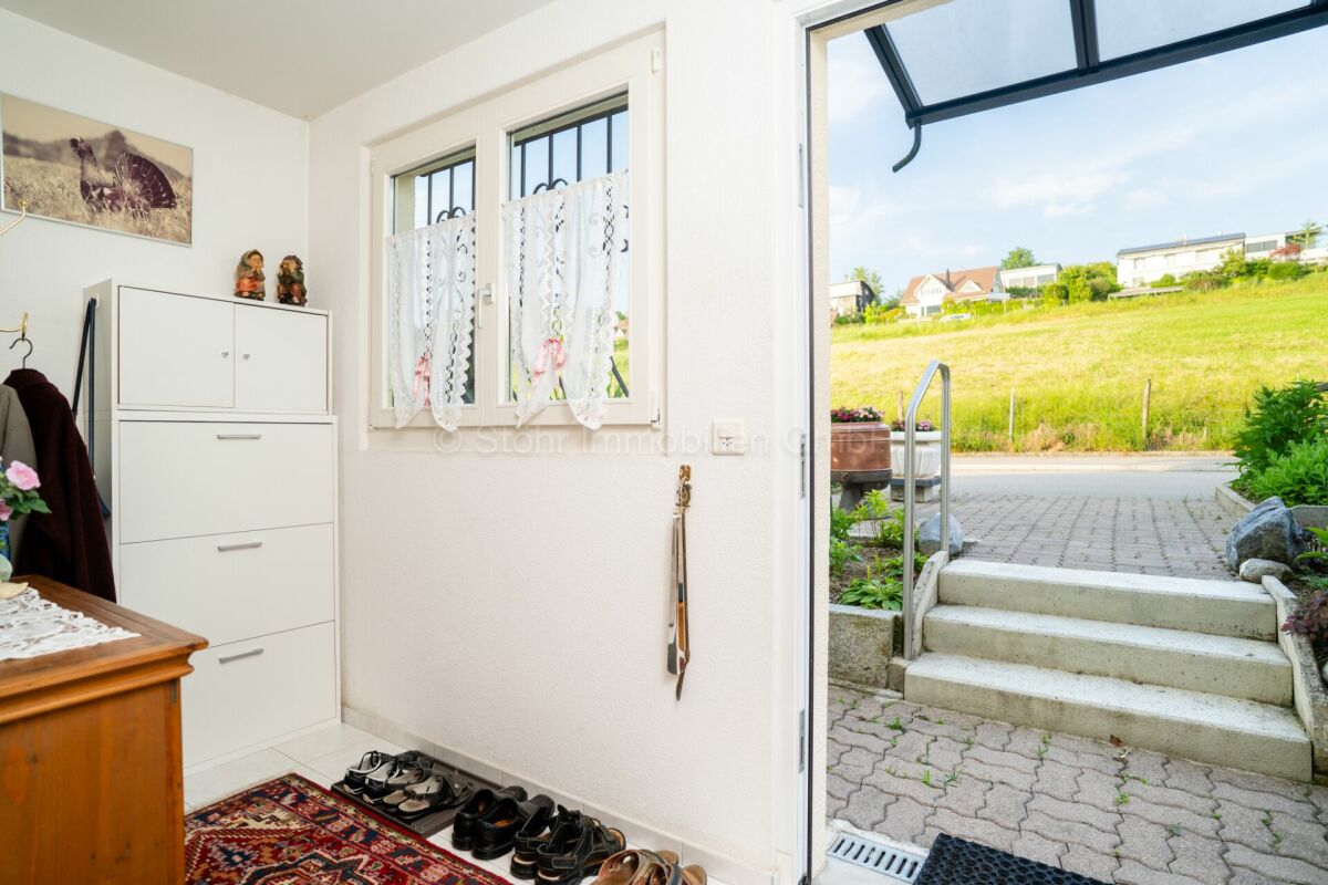 Heller Eingangsbereich mit offenem Blick ins Grüne