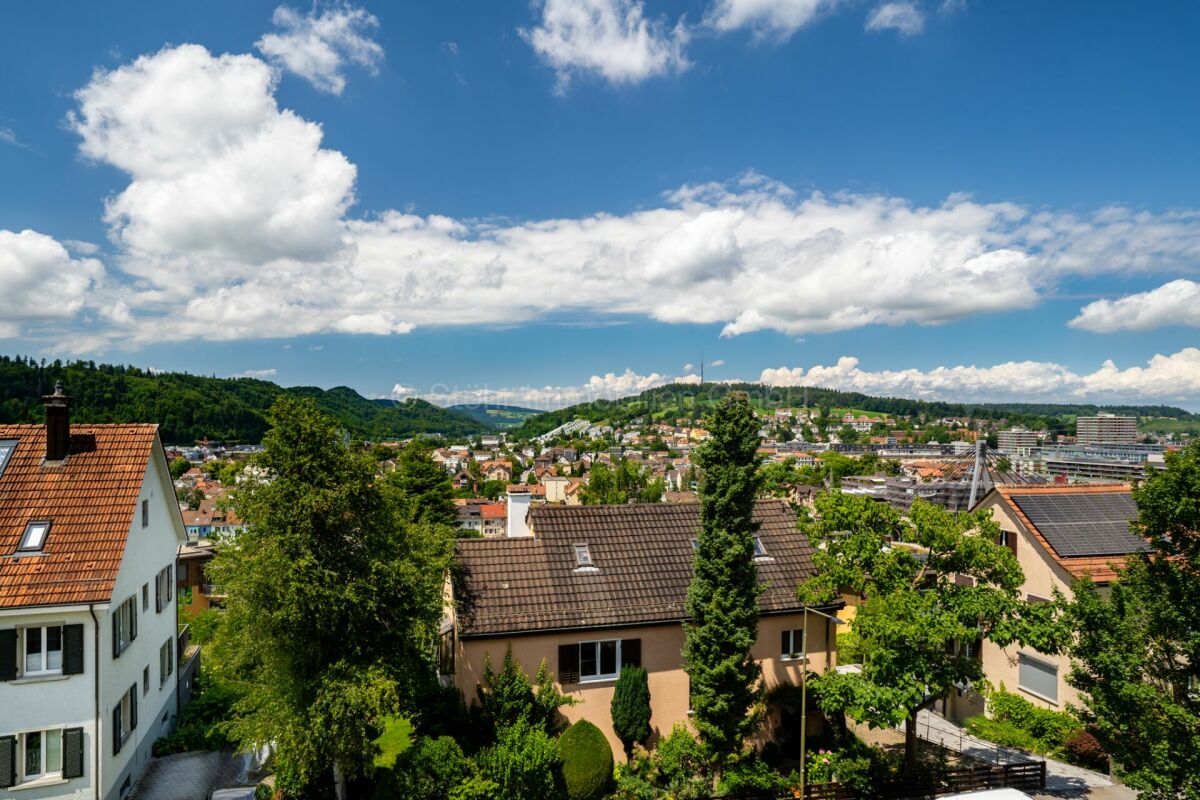Stadtblick über Wohnhäuser und grüne Hügel