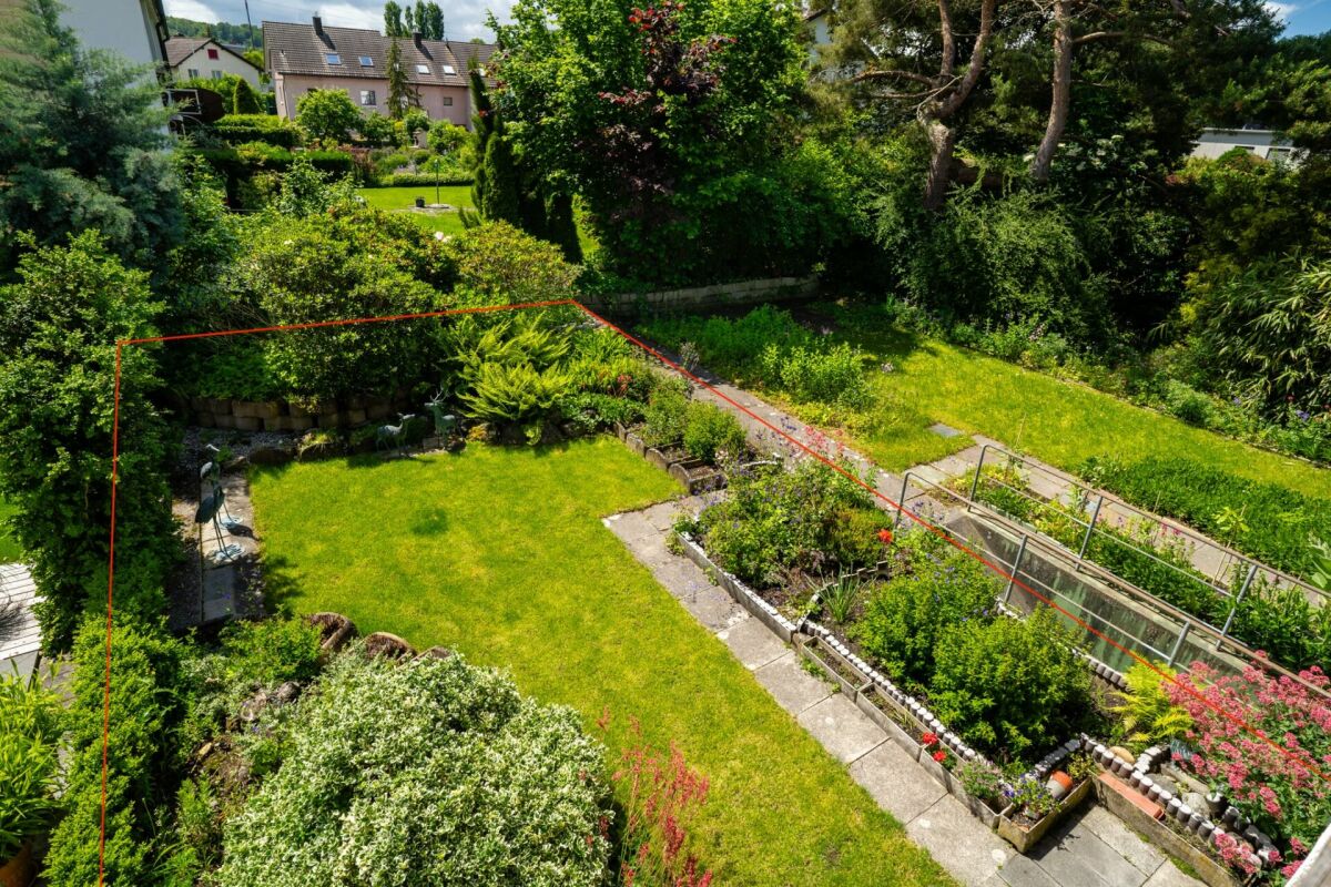 Großer grüner Garten mit Terrasse und Gewächshaus