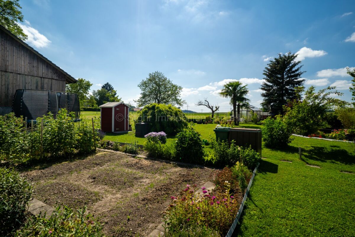 Großer sonniger Garten mit Nebengebäude