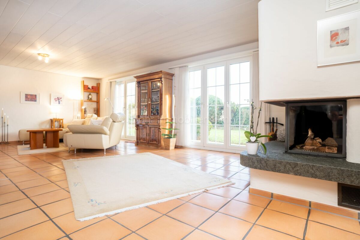 Heller Wohnraum mit Kamin und Terrassentüren