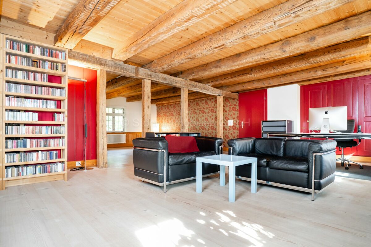 Rustikales Loft-Wohnzimmer mit Holzdecke und roten Einbauten