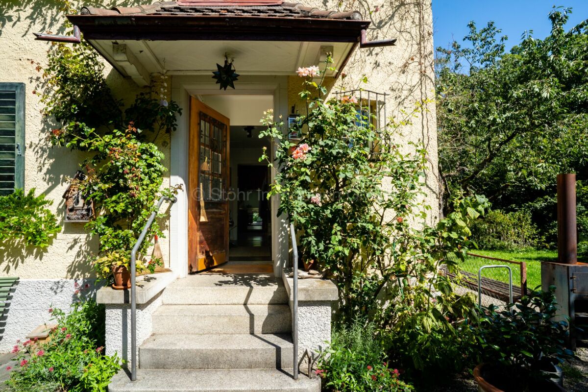 Eingangsbereich eines Hauses mit Treppe und Pflanzen