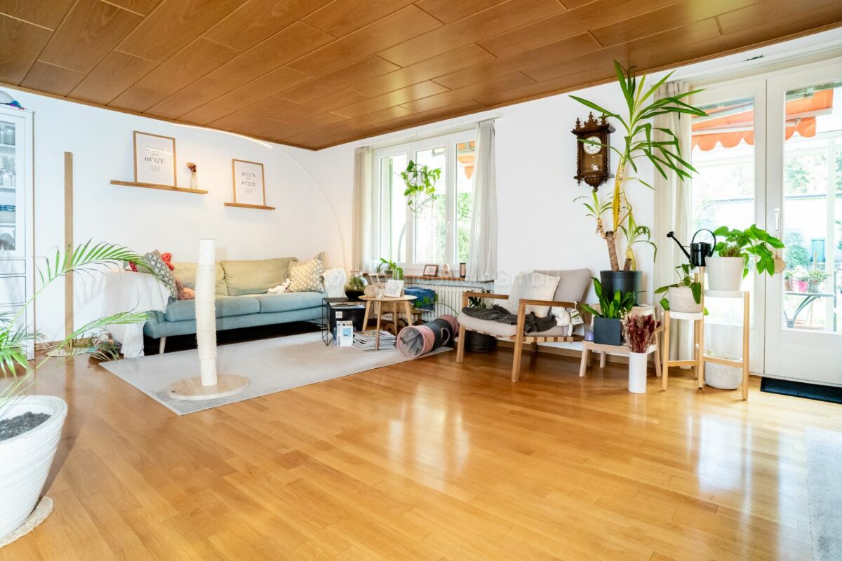 Helles Wohnzimmer mit Holzdecke und Pflanzen