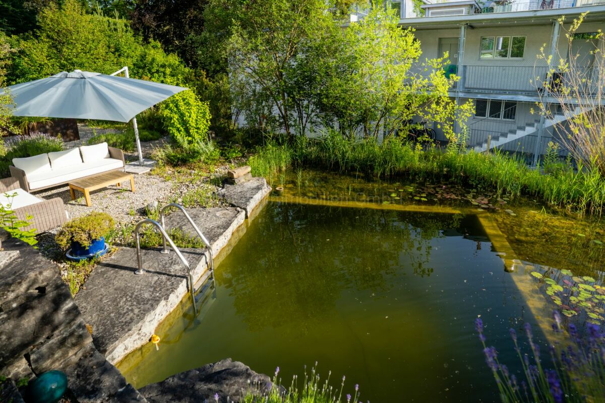 Garten mit Teich und Lounge-Bereich