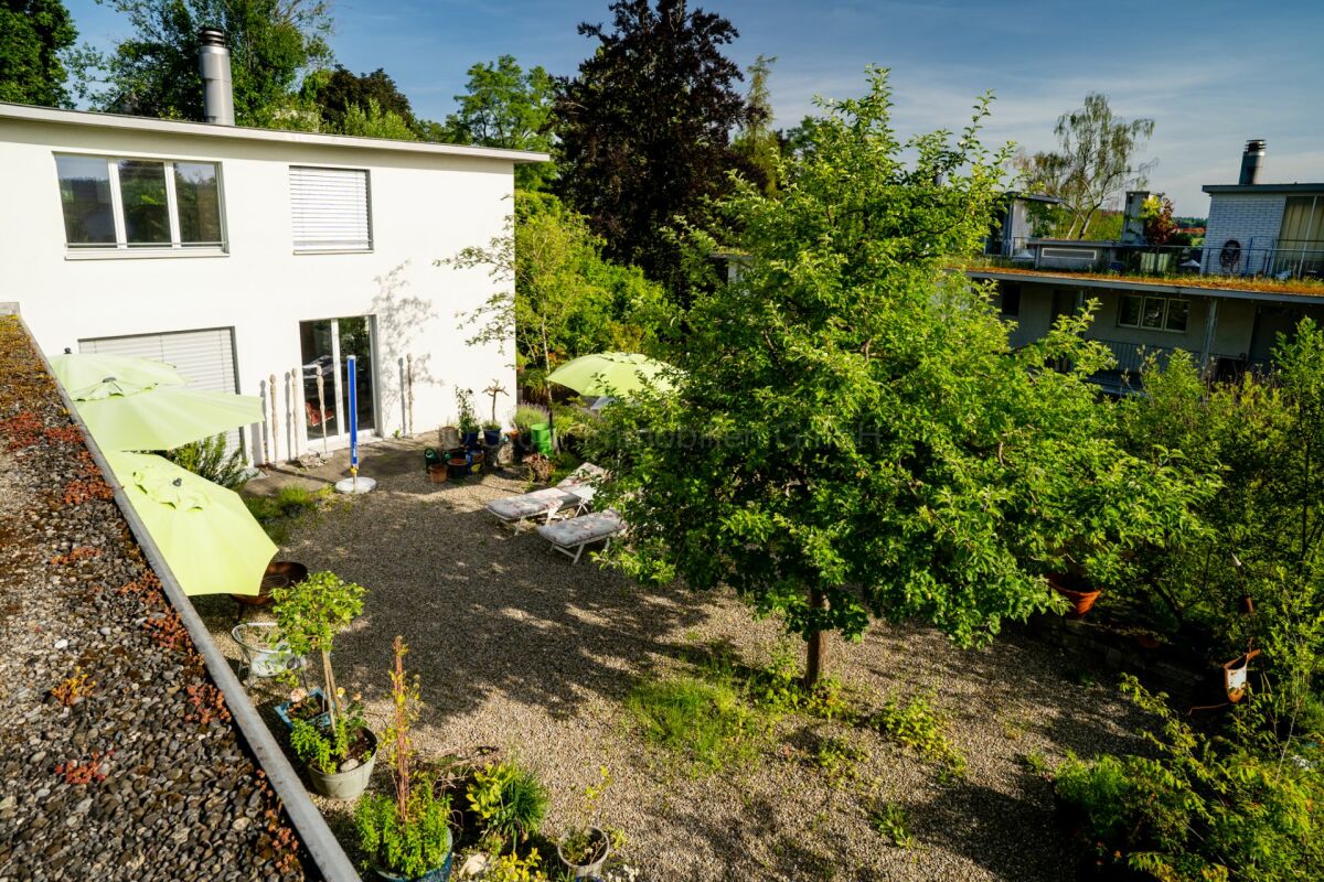 Moderner Garten mit weißem Haus